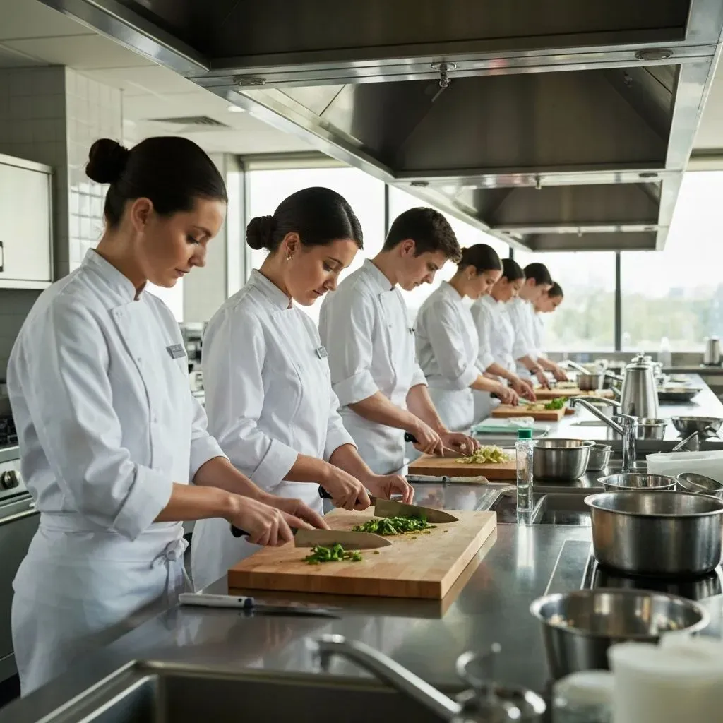 IHTC trainees in chef uniforms during a kitchen practical